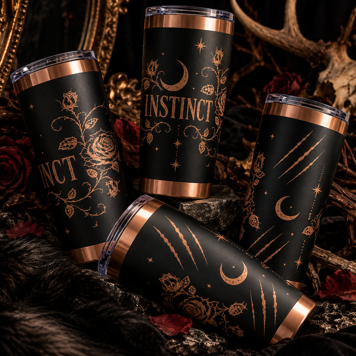INSTINCT Rose Embellished Copper + Black Coffee Tumbler