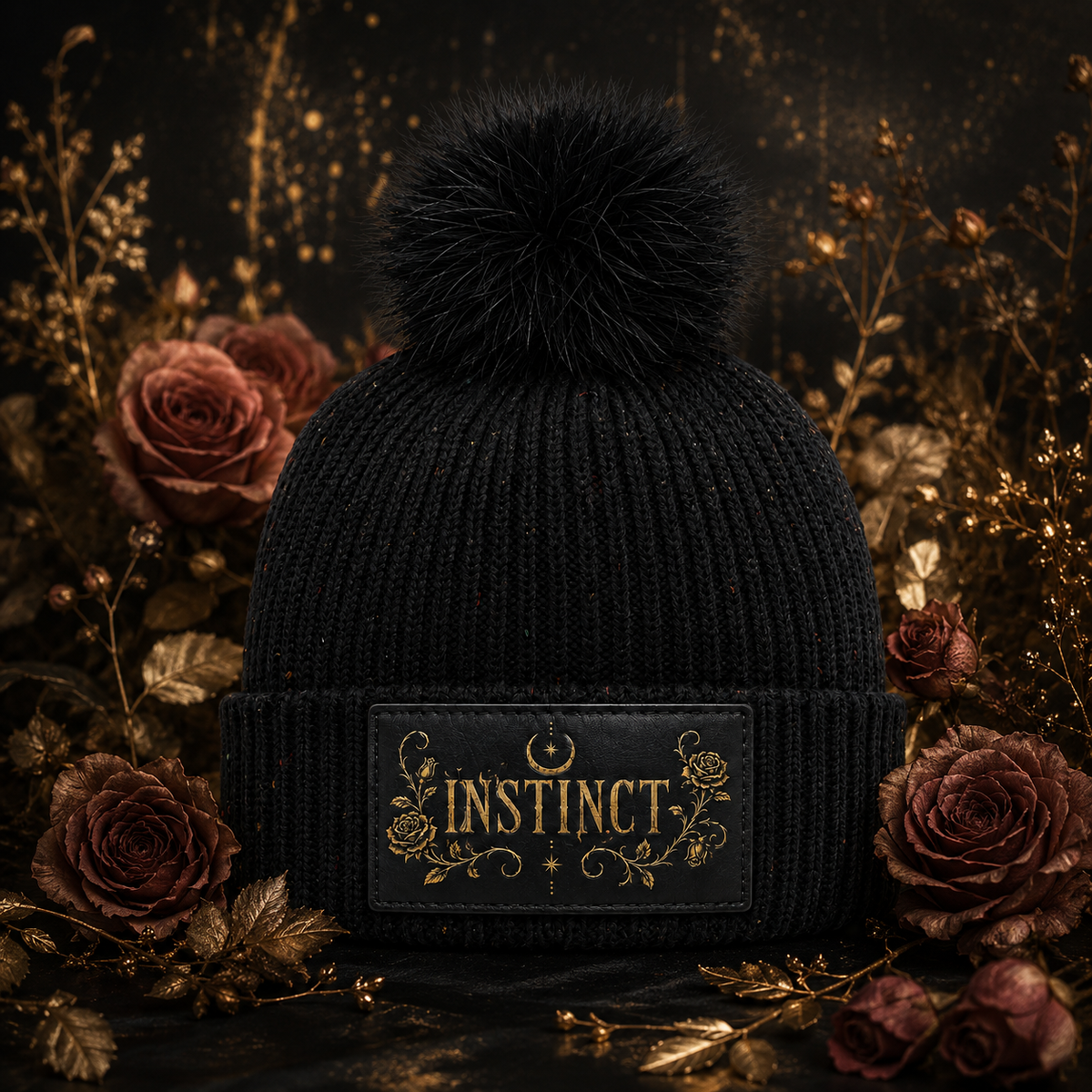 INSTINCT Muted Rose Leather Accent Pom Beanie