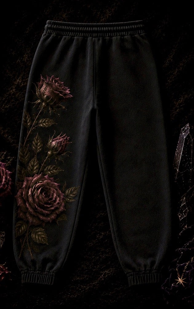 Black jogger sweatpants with a gothic rose graphic print on the left leg, displayed against a dark, textured background.
